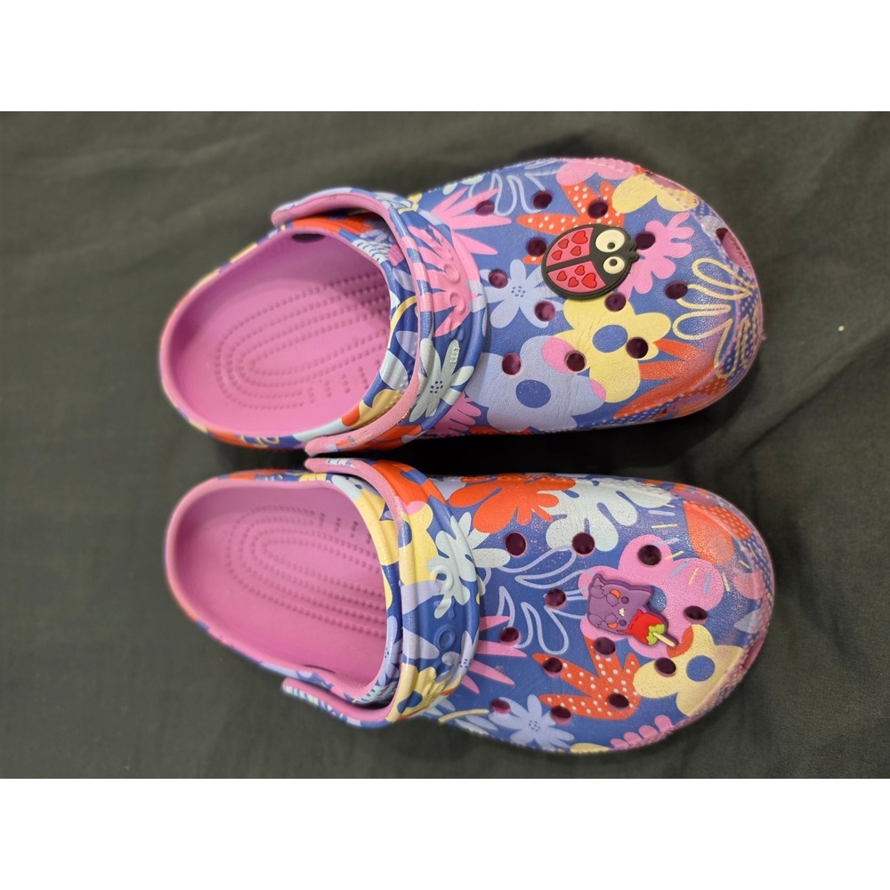 Crocs Kids Classic Clog Floral Multi Color Print J2 Ladybug Cat Charms Shoes